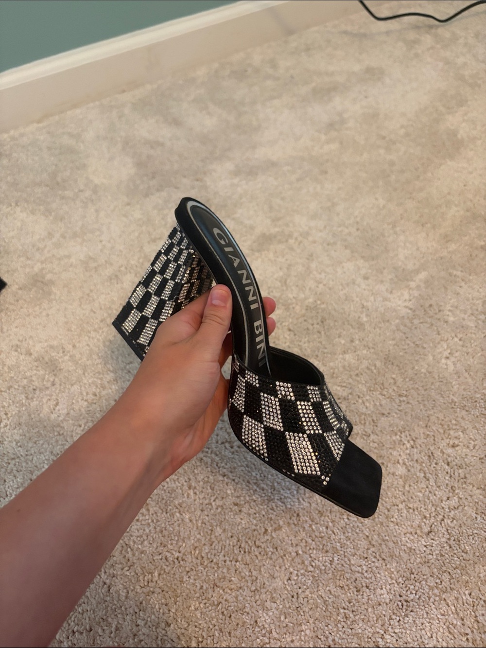 Gianni Bini Black & Silver Checkered Crystal Block Heel Mules - Picture 4 of 4